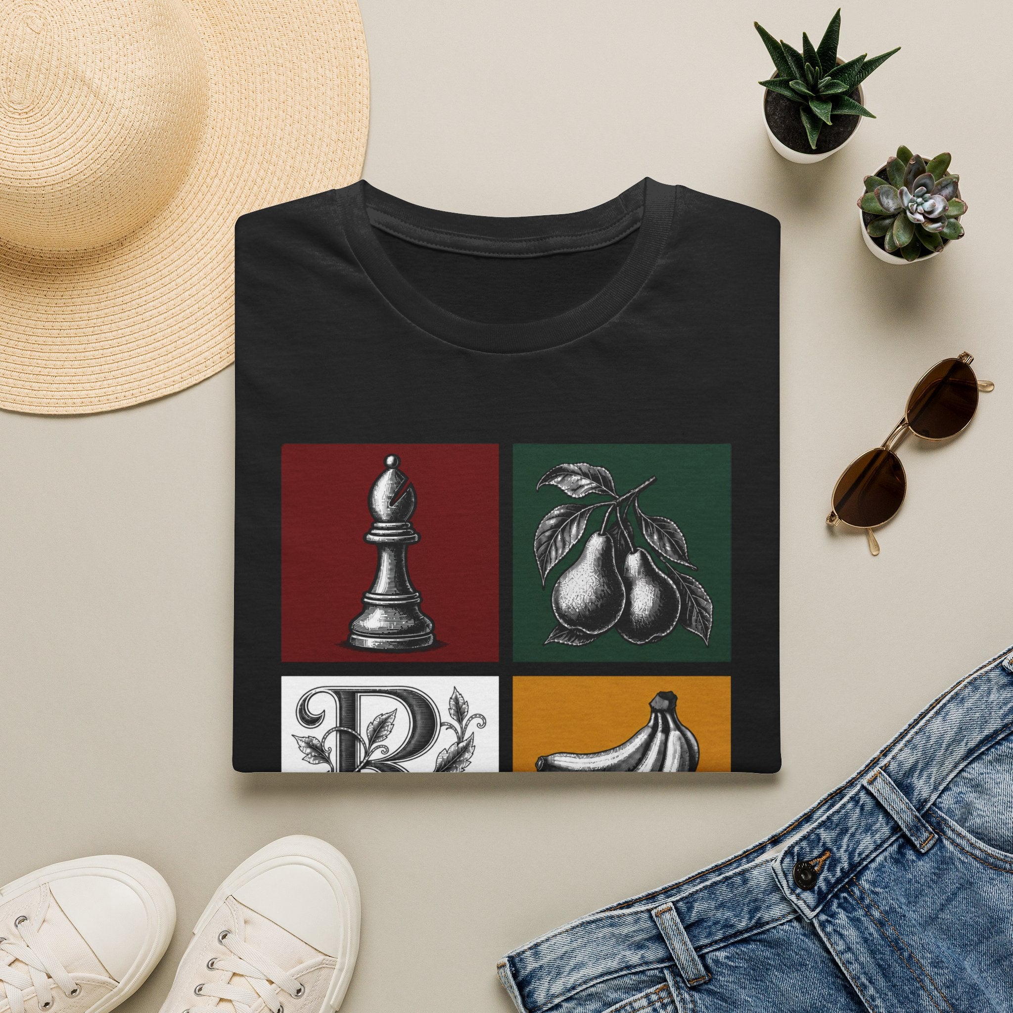 Retro Still Life Patchwork T-Shirt — Chess, Pears & Bananas Art Tee