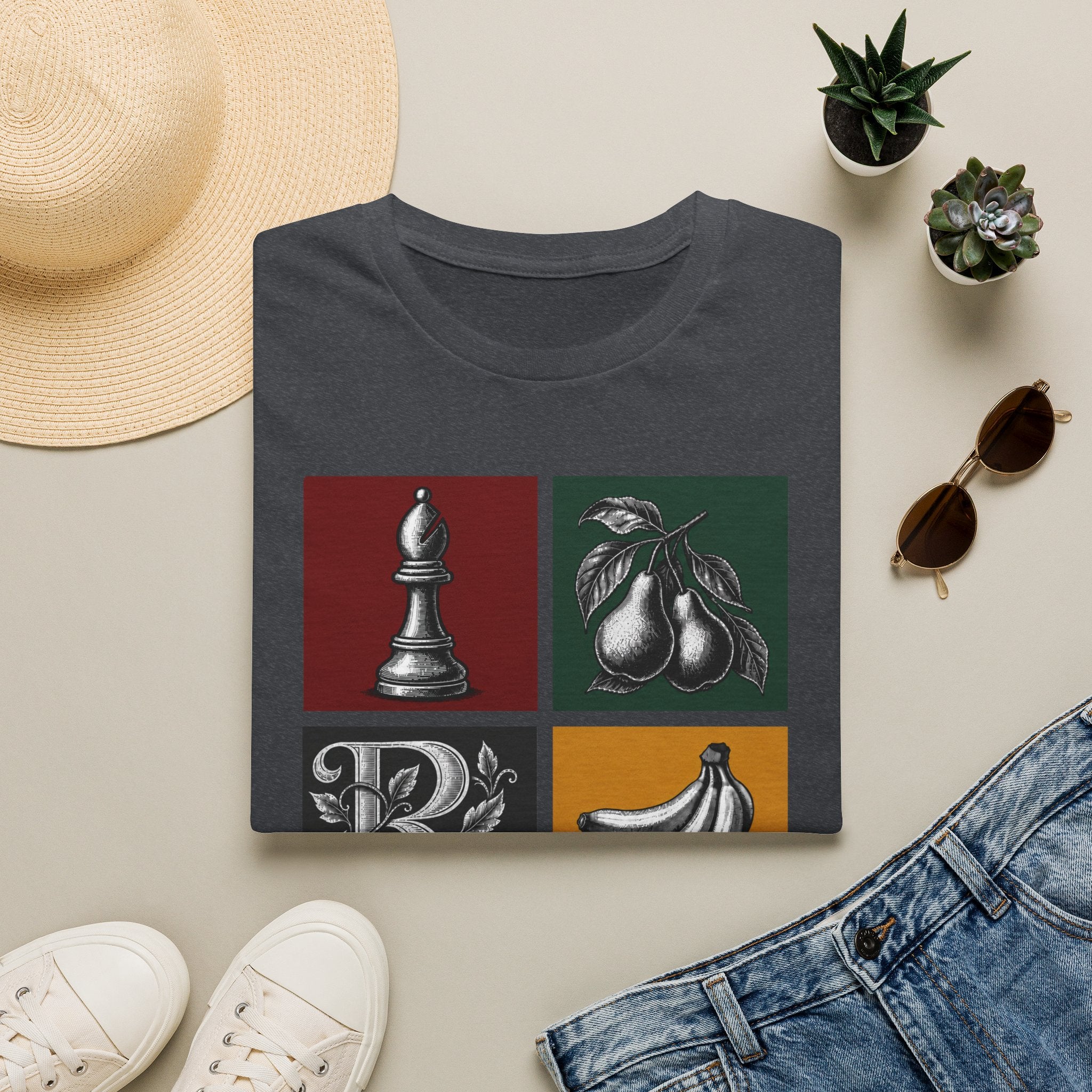 Retro Still Life Patchwork T-Shirt — Chess, Pears & Bananas Art Tee