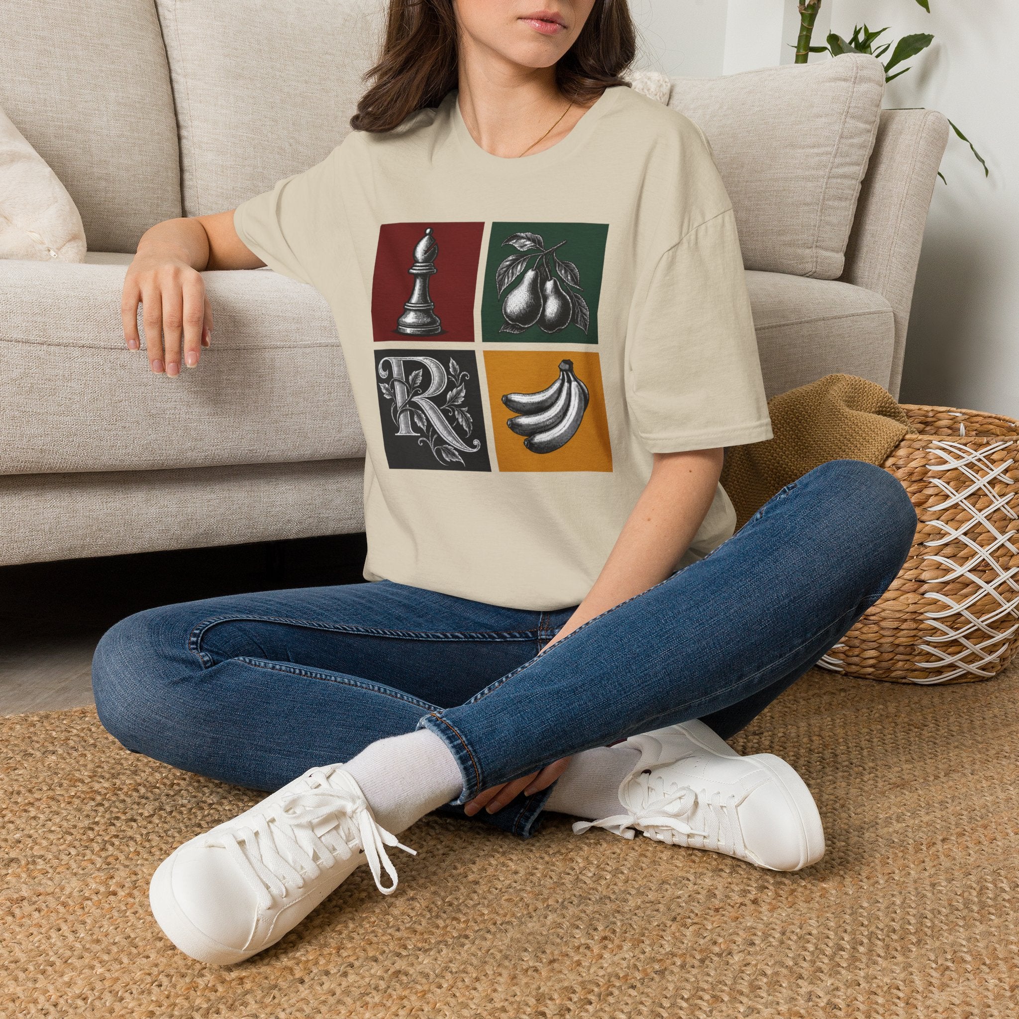 Retro Still Life Patchwork T-Shirt — Chess, Pears & Bananas Art Tee