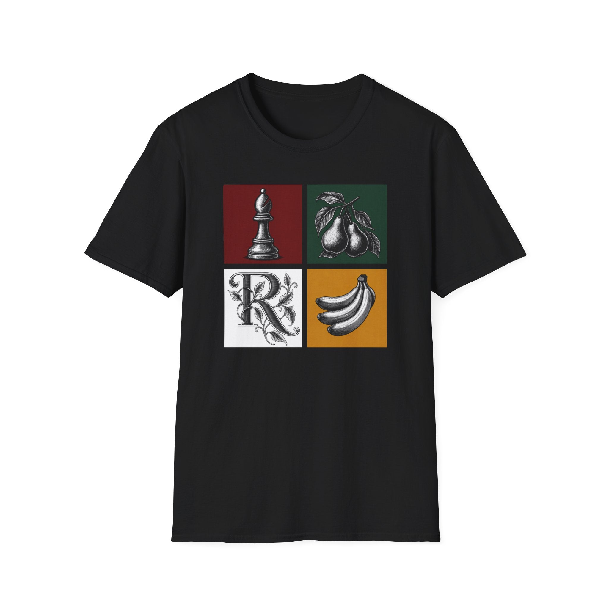 Retro Still Life Patchwork T-Shirt — Chess, Pears & Bananas Art Tee