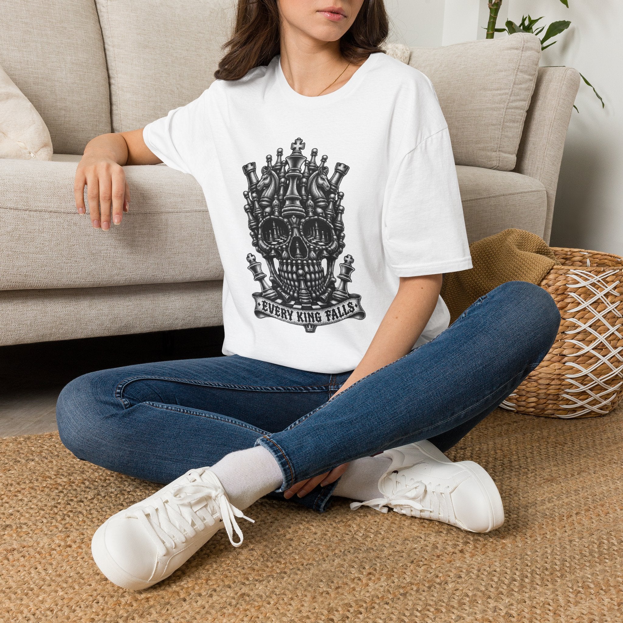 Skull Crown T-Shirt — 'Every King Falls' Gothic Chess Skull Tee