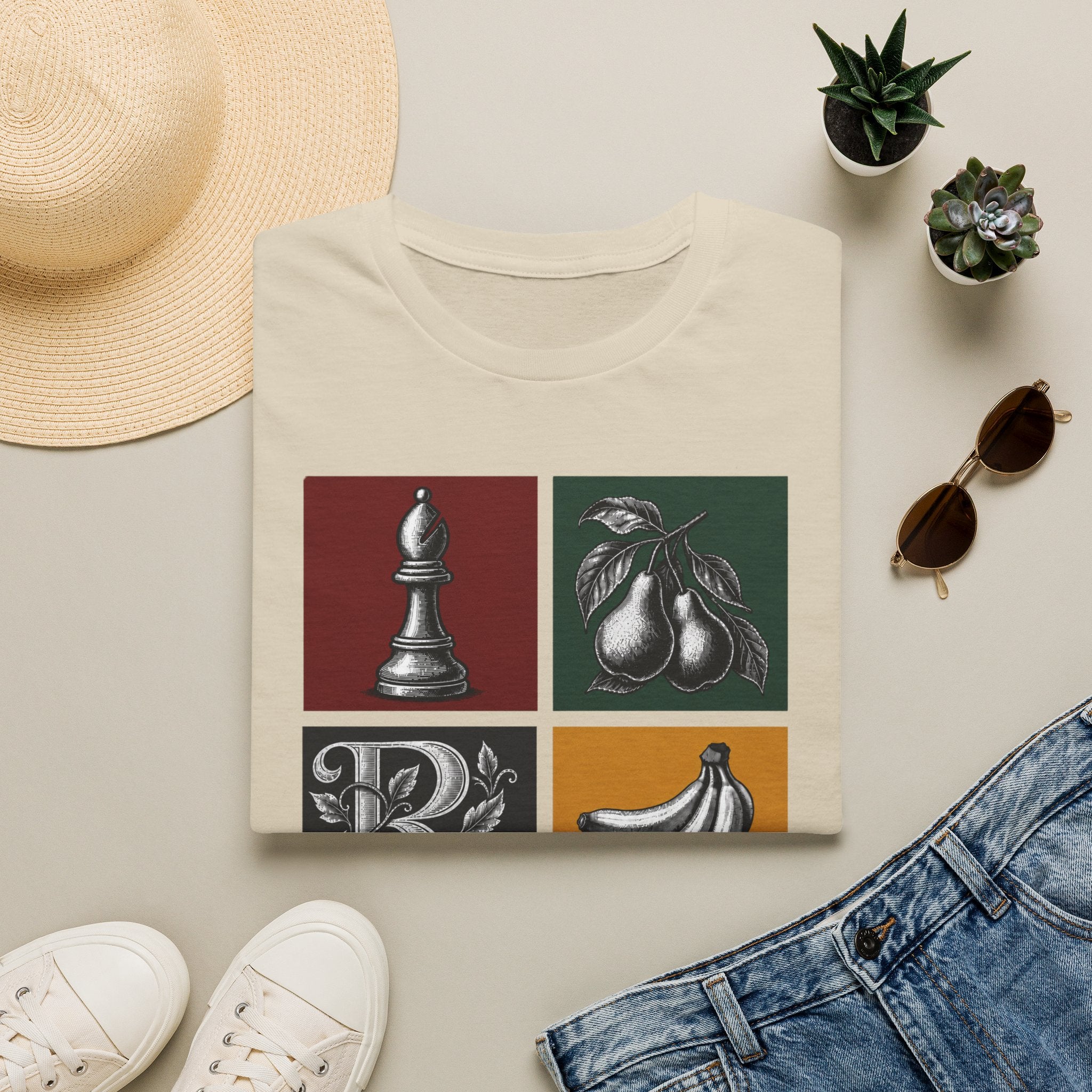 Retro Still Life Patchwork T-Shirt — Chess, Pears & Bananas Art Tee