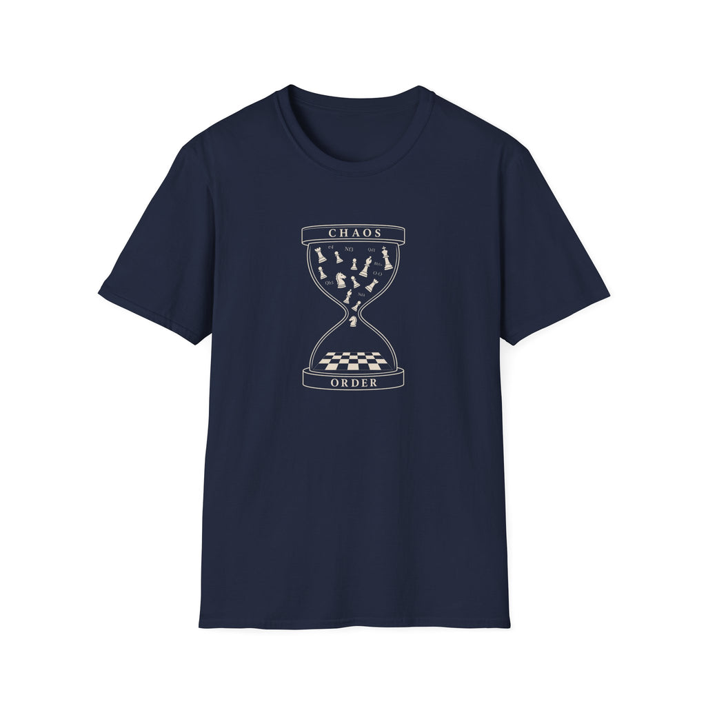 Chaos to Order Hourglass T-Shirt — Chess Pieces Graphic Tee