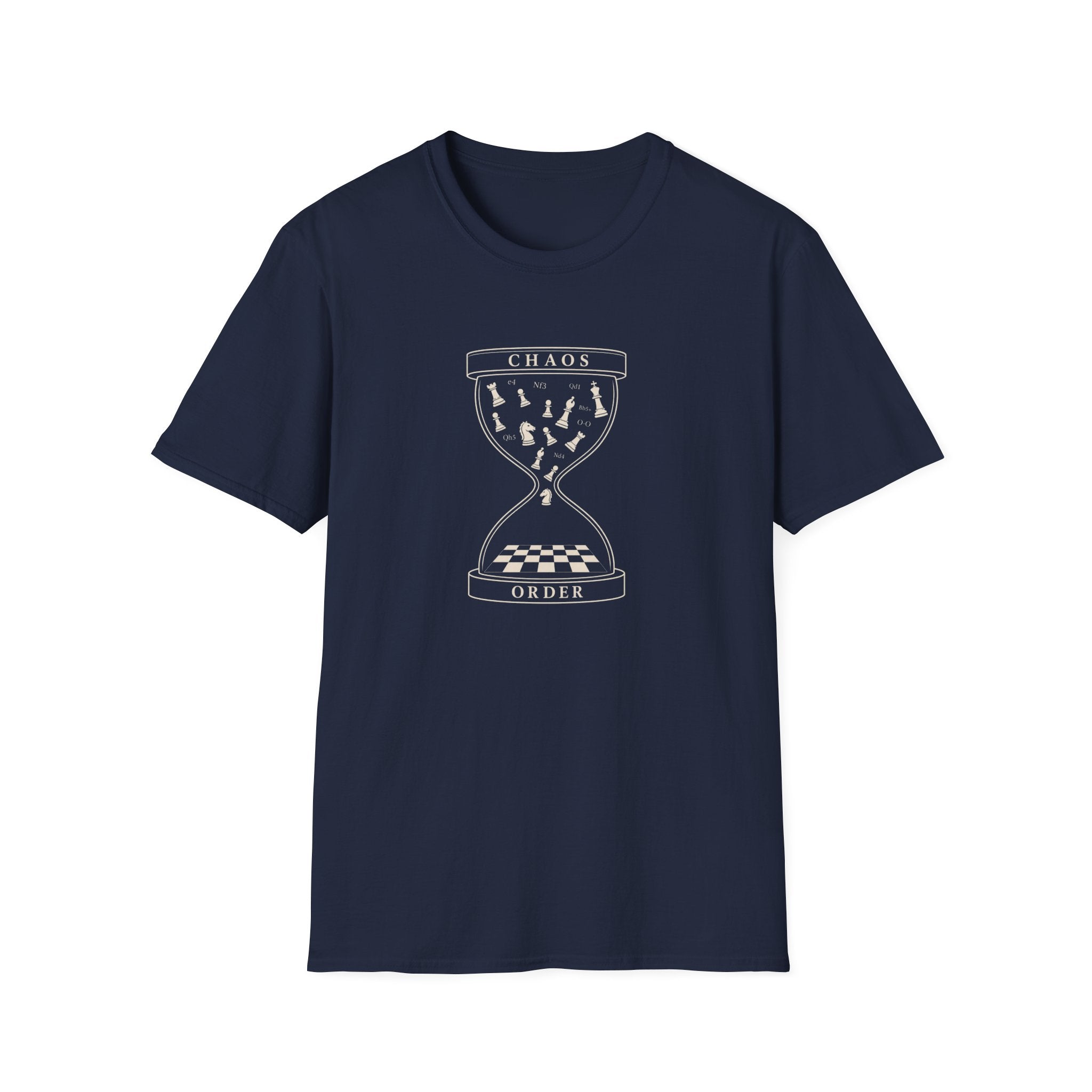 Chaos to Order Hourglass T-Shirt — Chess Pieces Graphic Tee