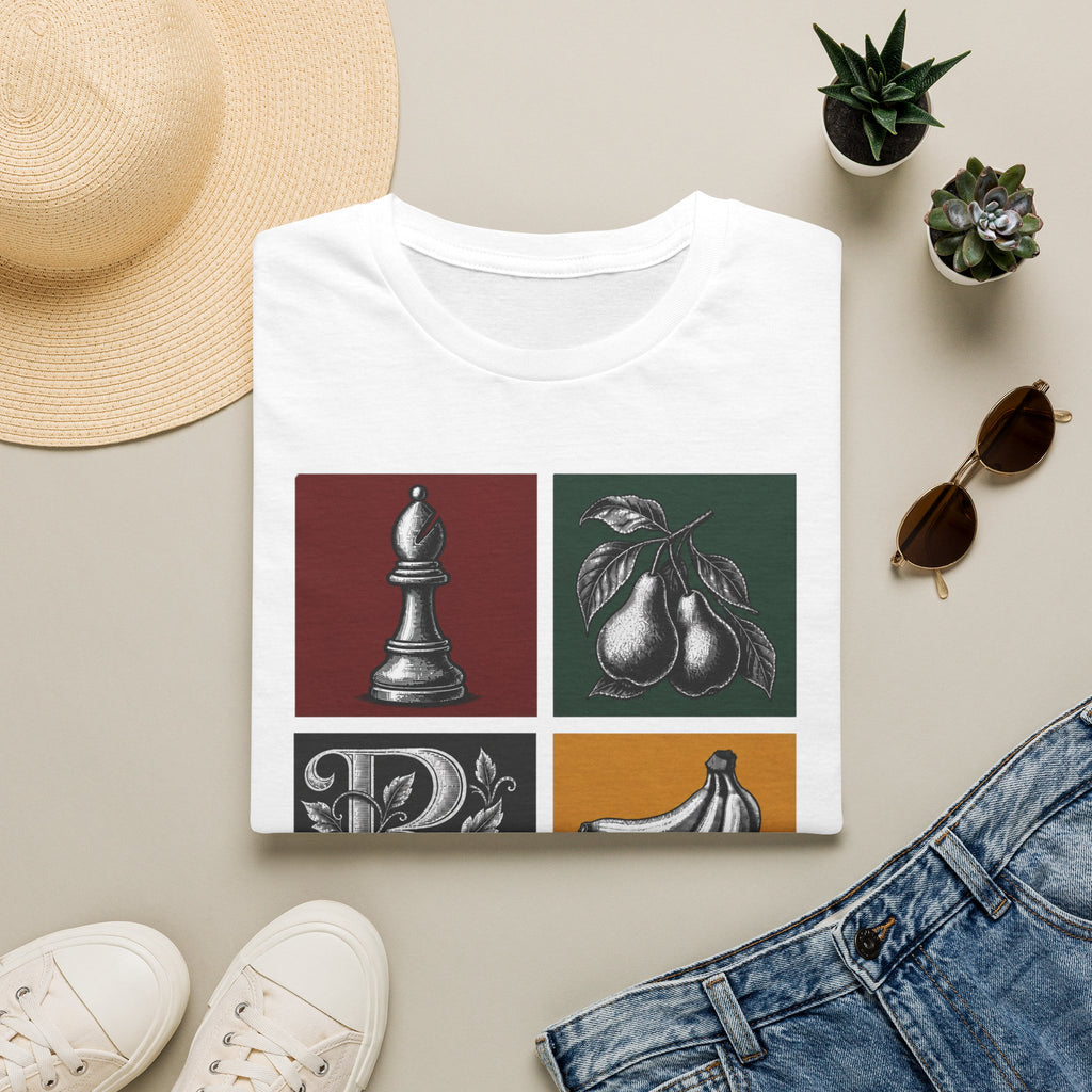 Retro Still Life Patchwork T-Shirt — Chess, Pears & Bananas Art Tee