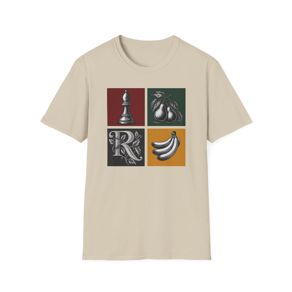 Retro Still Life Patchwork T-Shirt — Chess, Pears & Bananas Art Tee