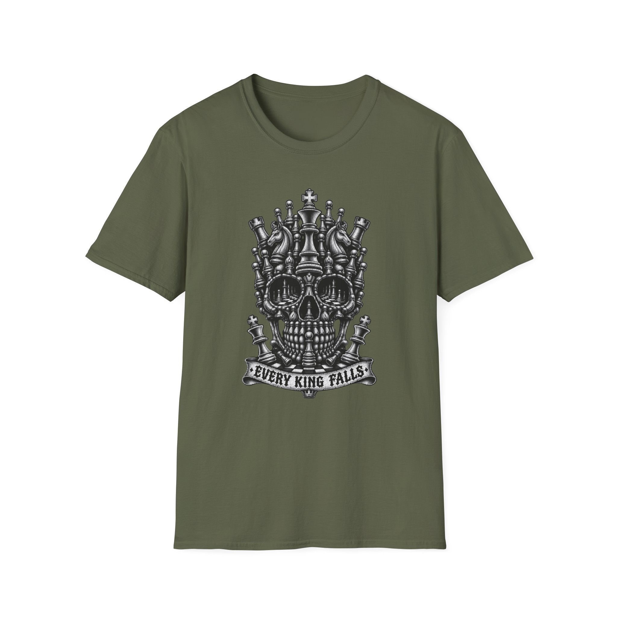 Skull Crown T-Shirt — 'Every King Falls' Gothic Chess Skull Tee