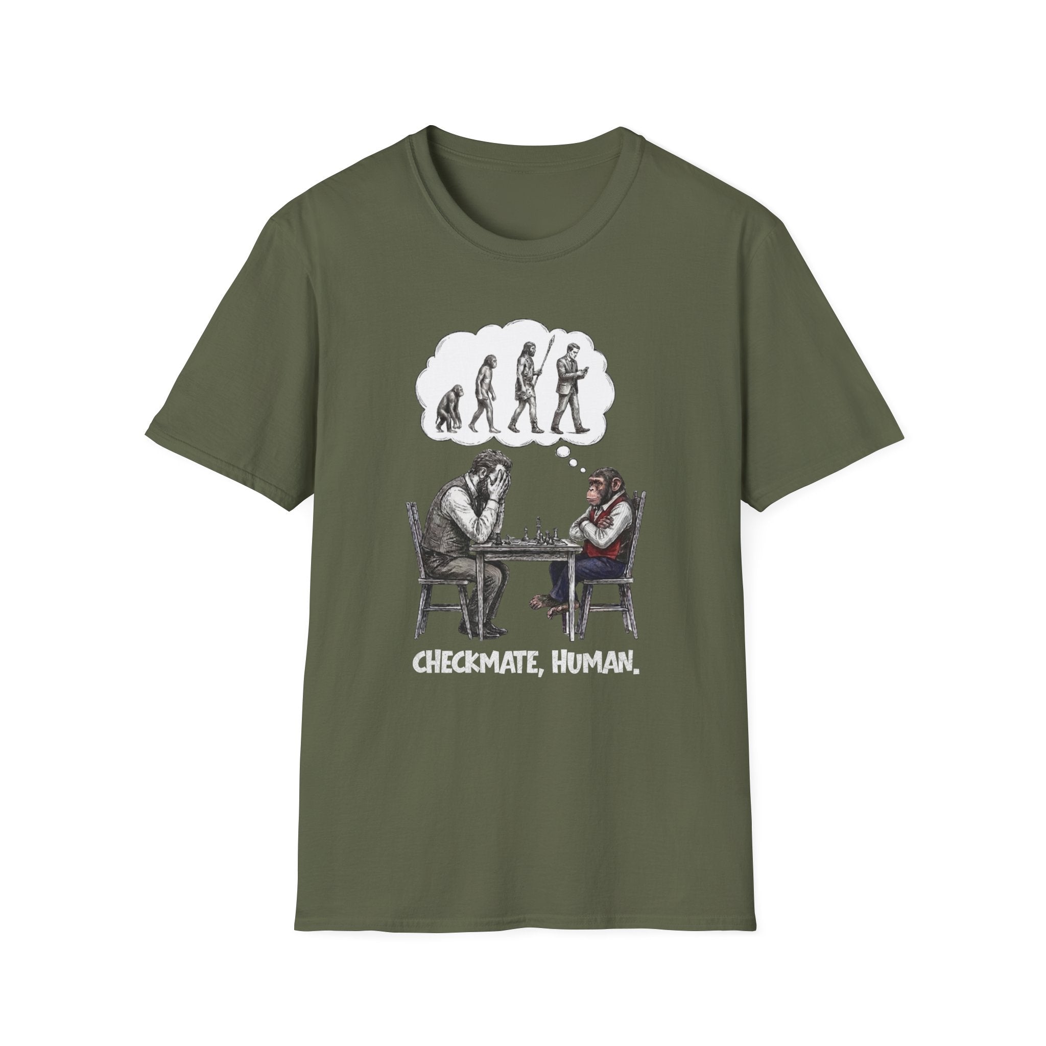 T-Shirt — 'Checkmate, Human' Chess Apes Evolution Graphic