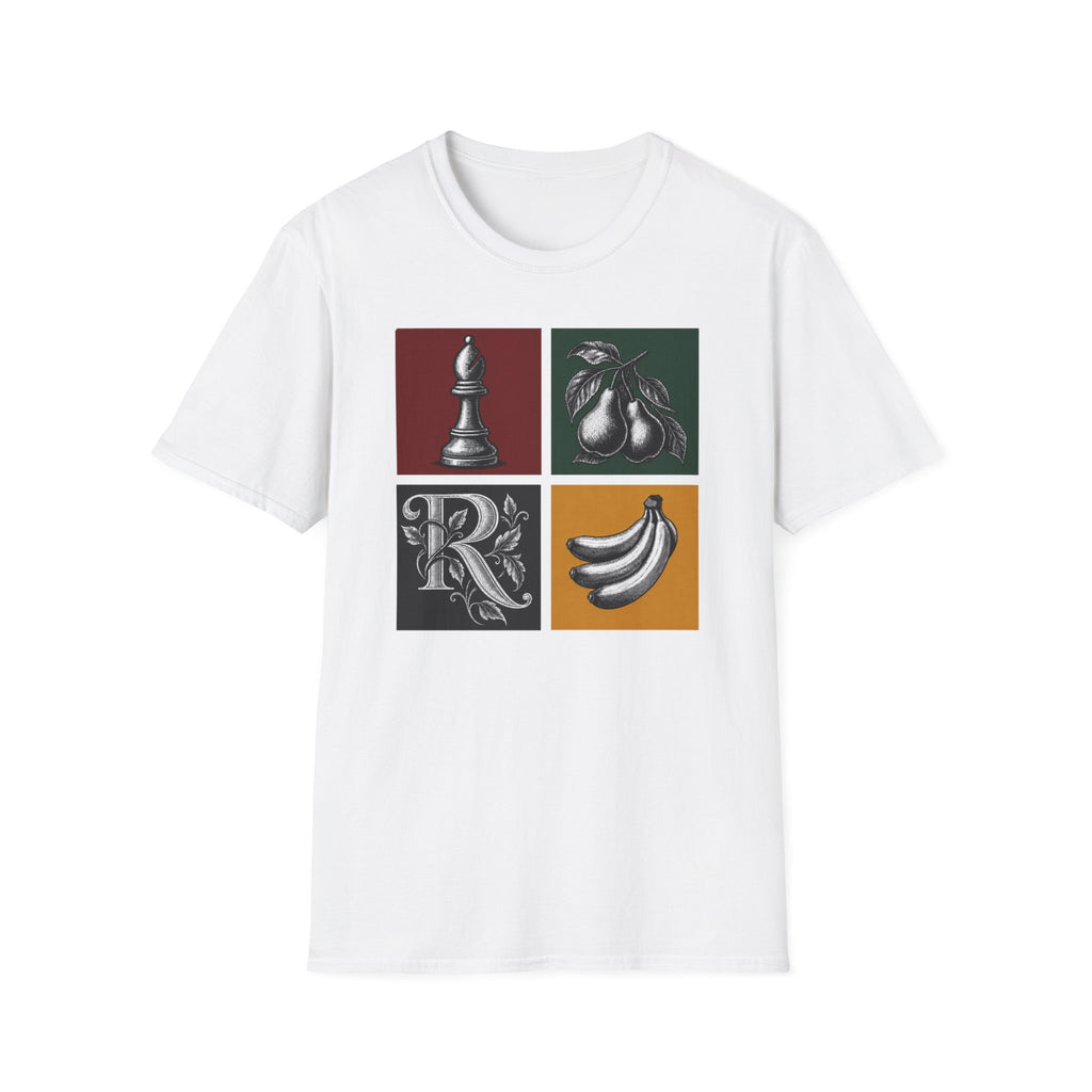 Retro Still Life Patchwork T-Shirt — Chess, Pears & Bananas Art Tee