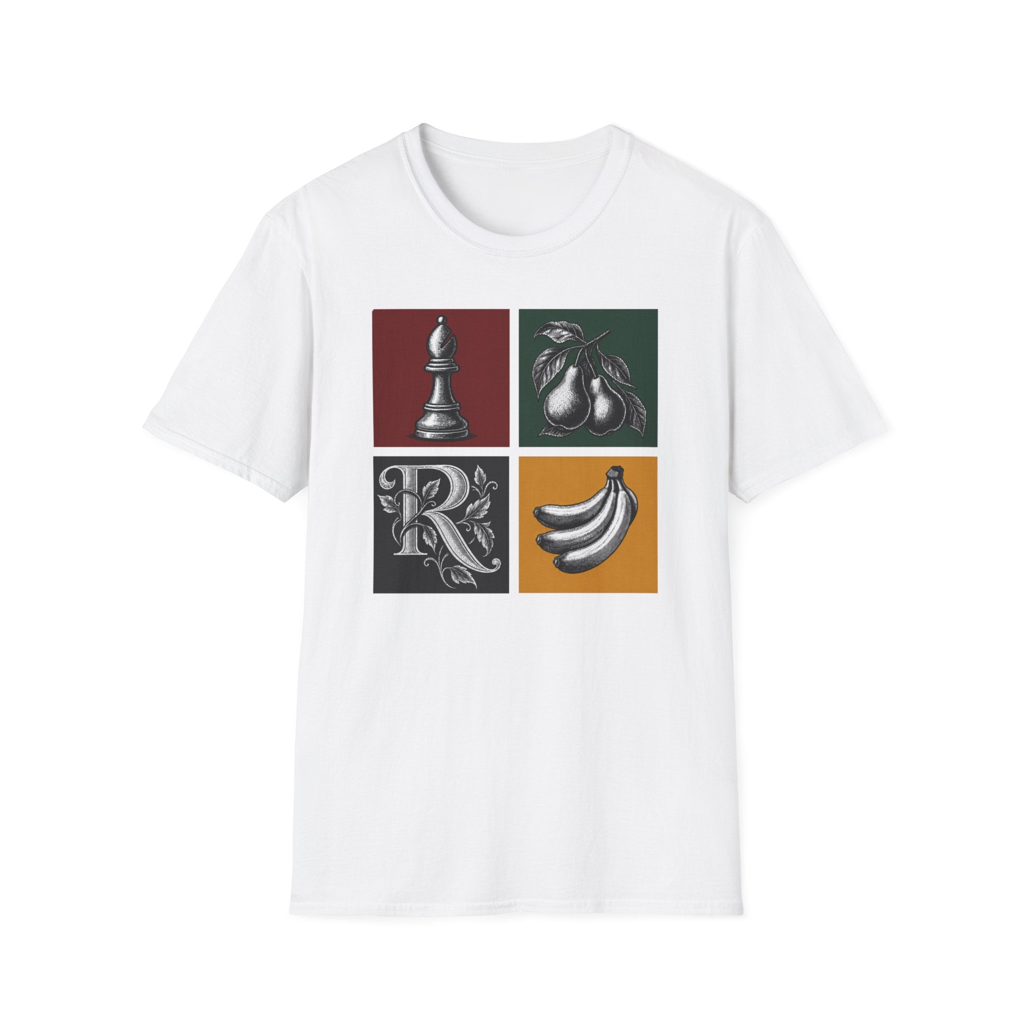 Retro Still Life Patchwork T-Shirt — Chess, Pears & Bananas Art Tee