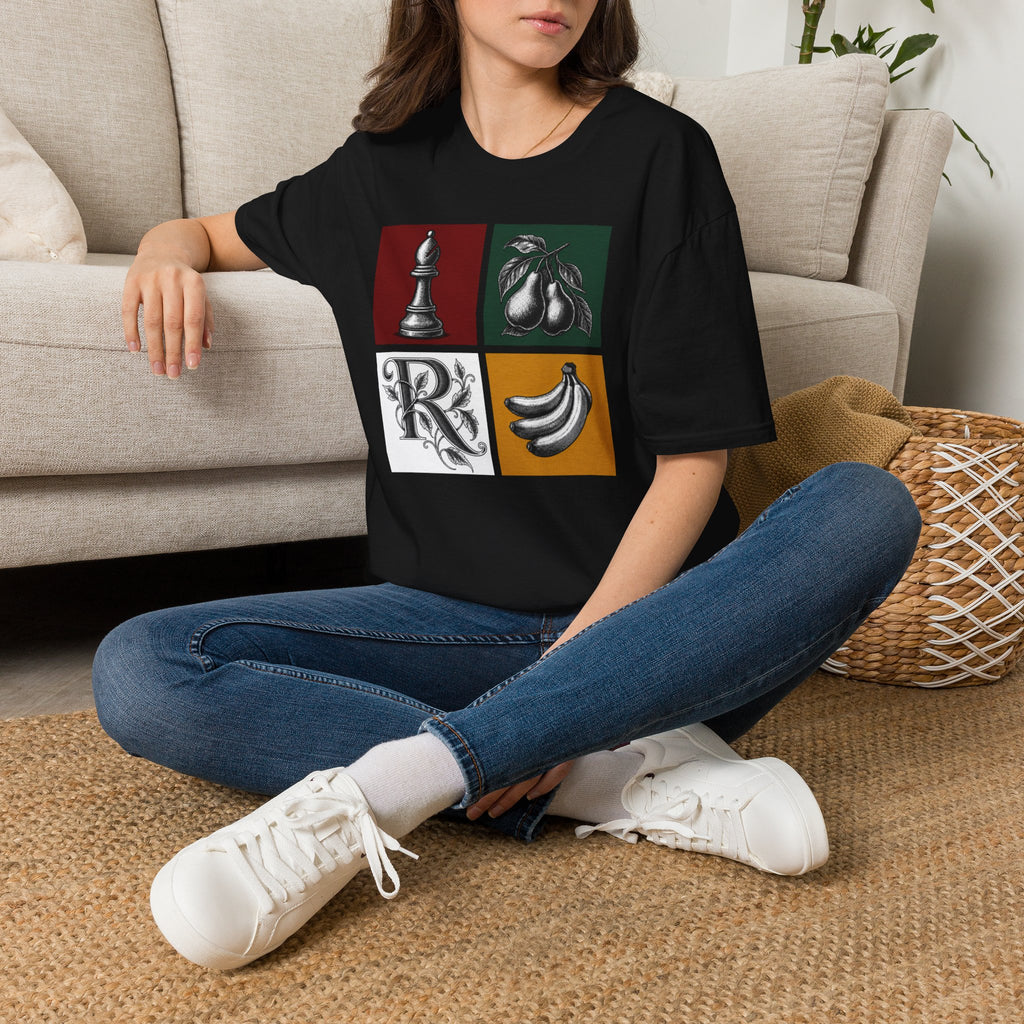 Retro Still Life Patchwork T-Shirt — Chess, Pears & Bananas Art Tee