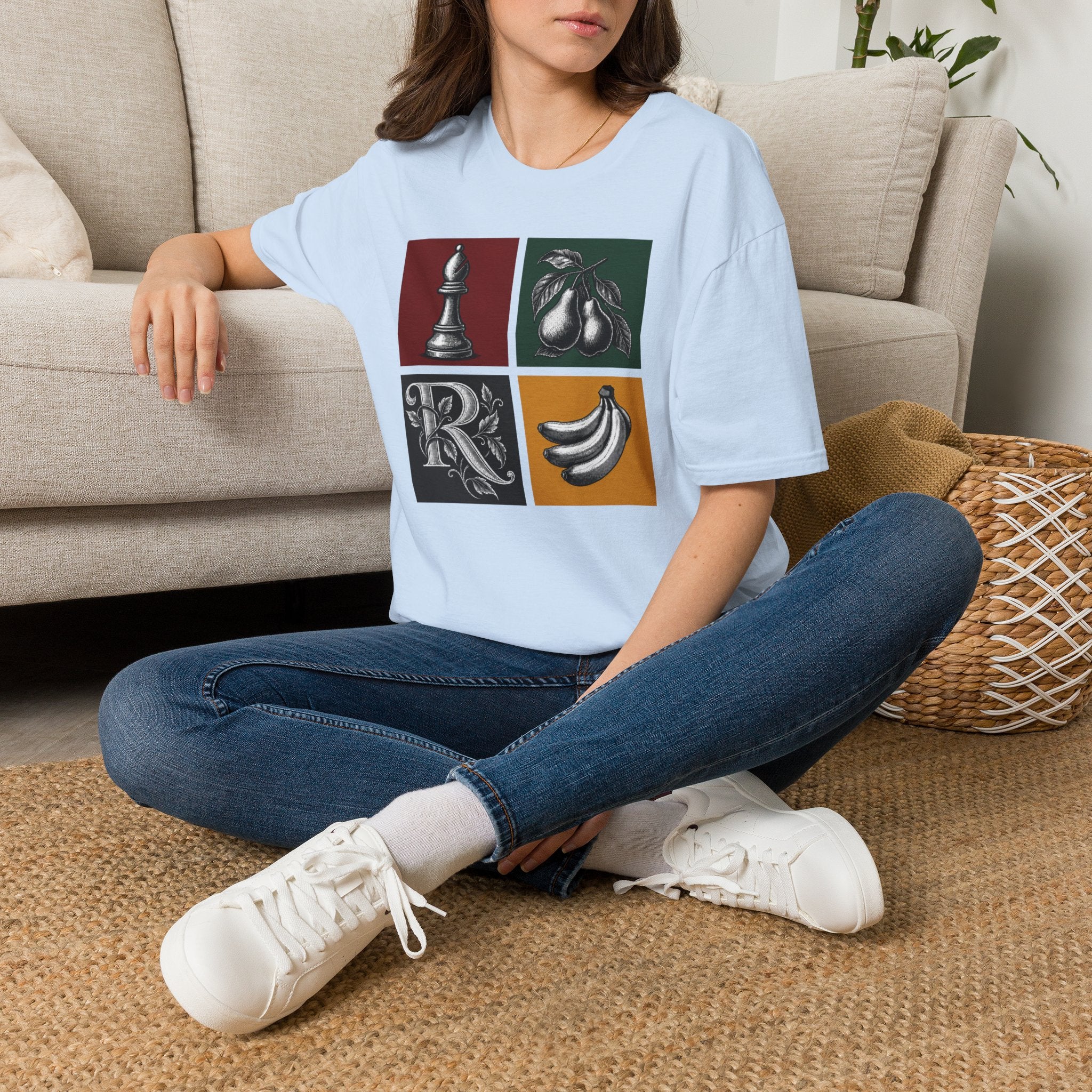 Retro Still Life Patchwork T-Shirt — Chess, Pears & Bananas Art Tee