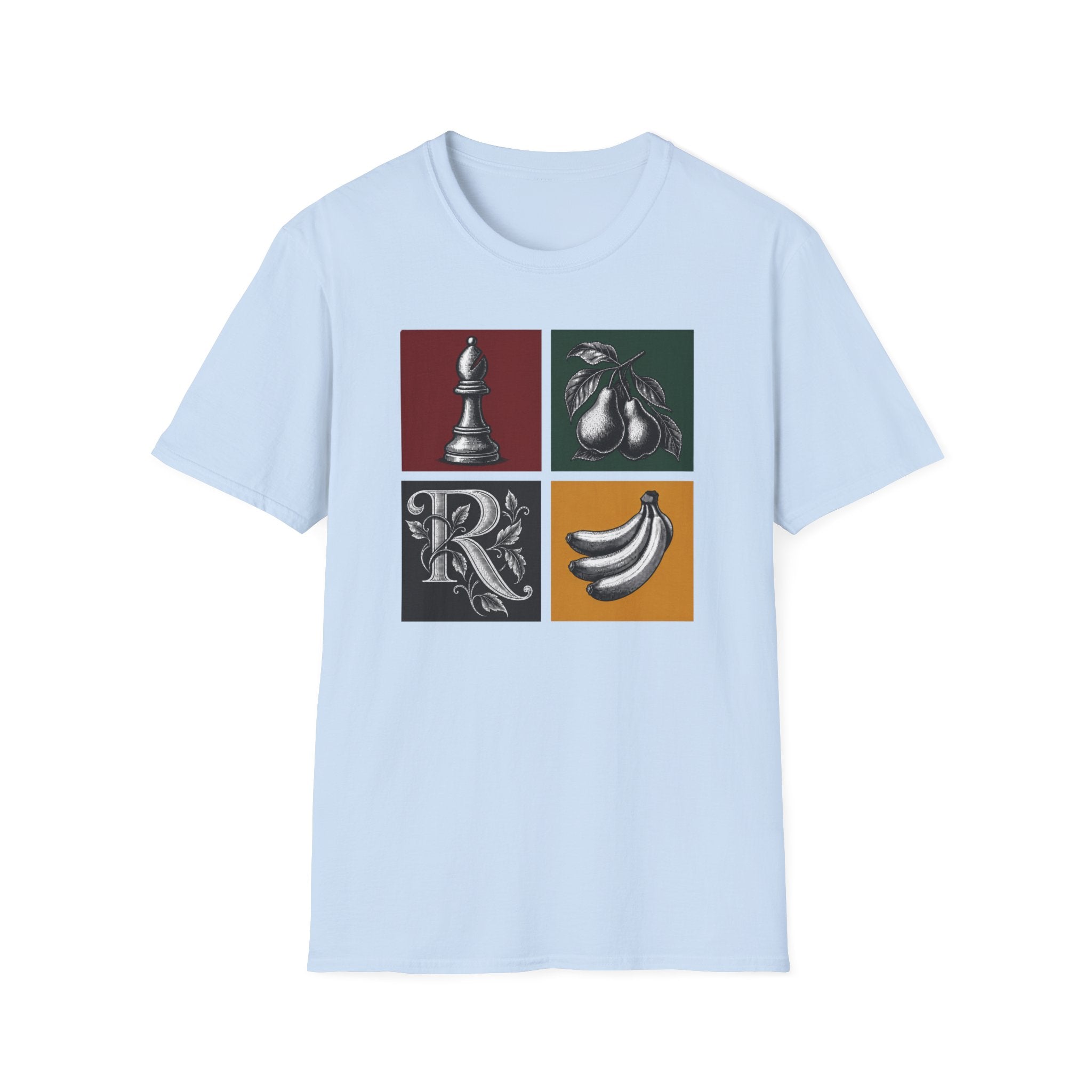 Retro Still Life Patchwork T-Shirt — Chess, Pears & Bananas Art Tee
