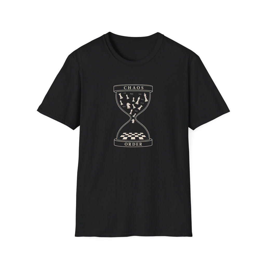 Chaos to Order Hourglass T-Shirt — Chess Pieces Graphic Tee