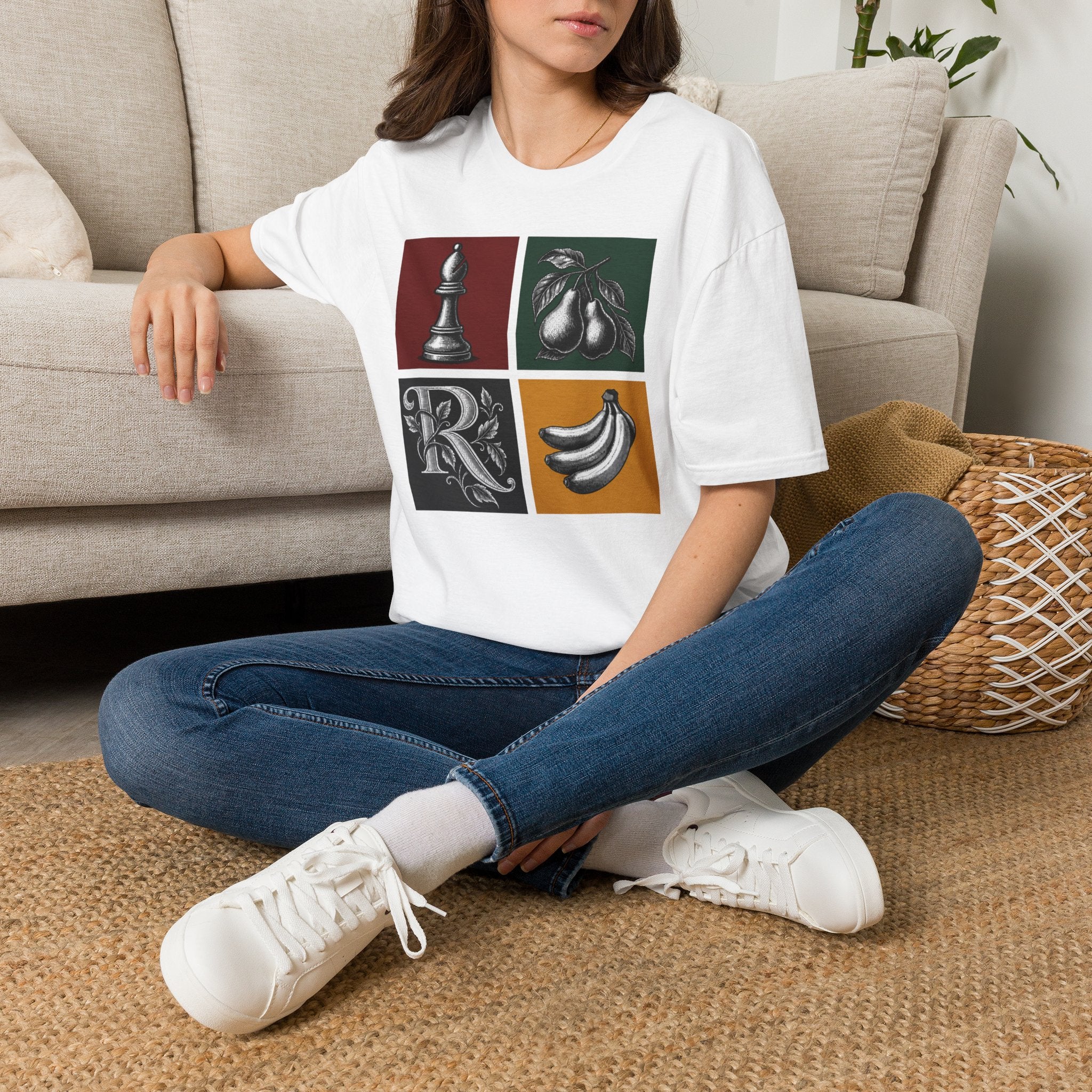 Retro Still Life Patchwork T-Shirt — Chess, Pears & Bananas Art Tee