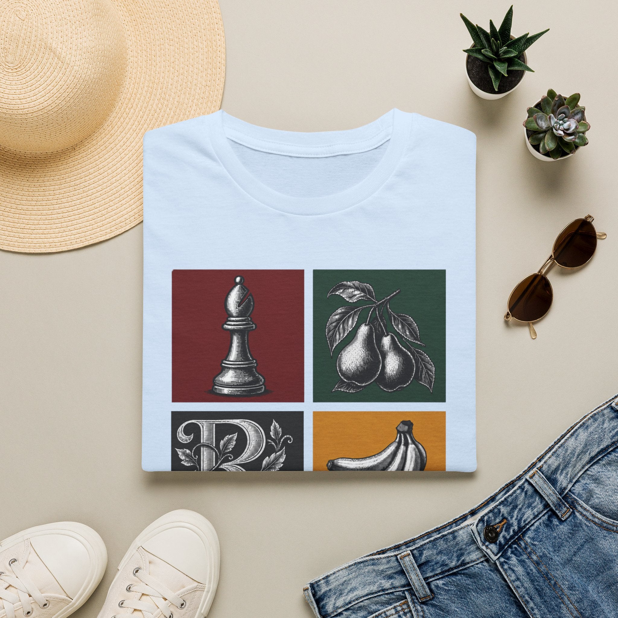 Retro Still Life Patchwork T-Shirt — Chess, Pears & Bananas Art Tee