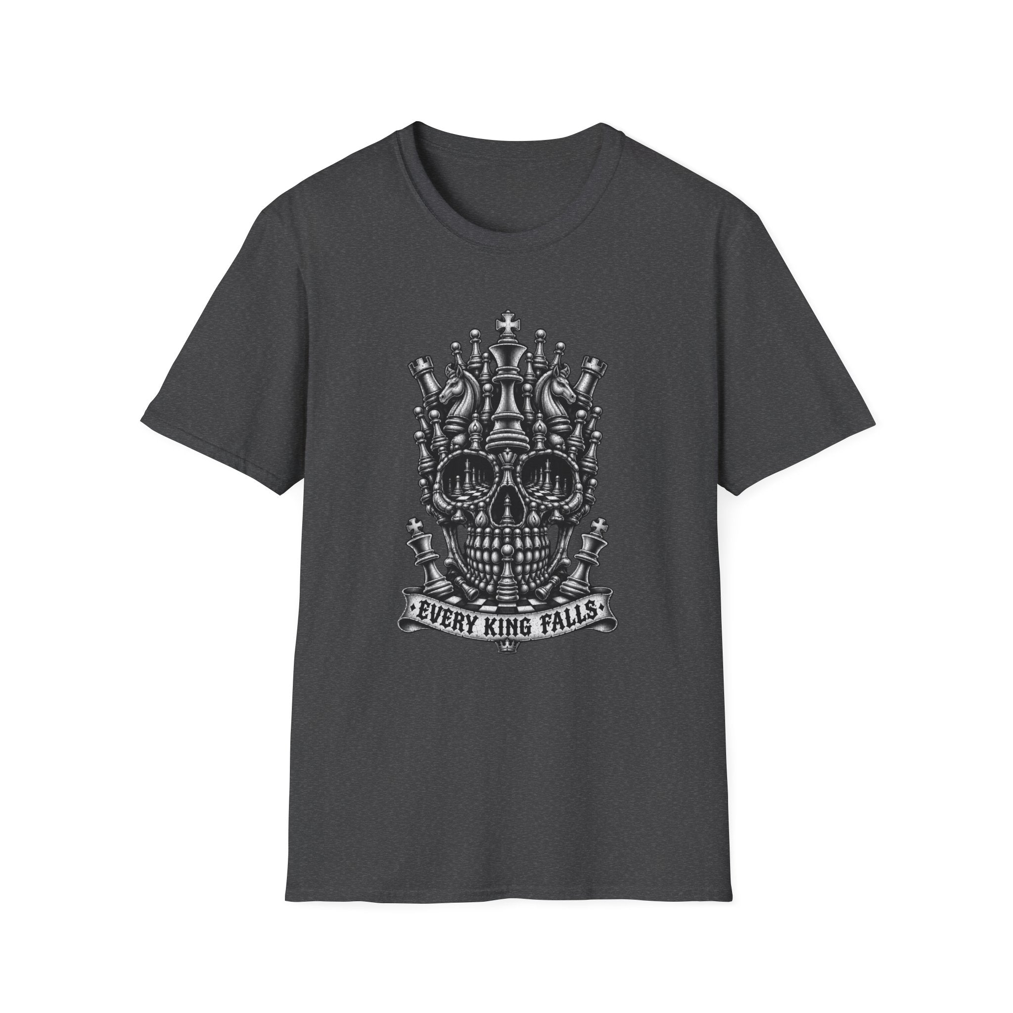 Skull Crown T-Shirt — 'Every King Falls' Gothic Chess Skull Tee