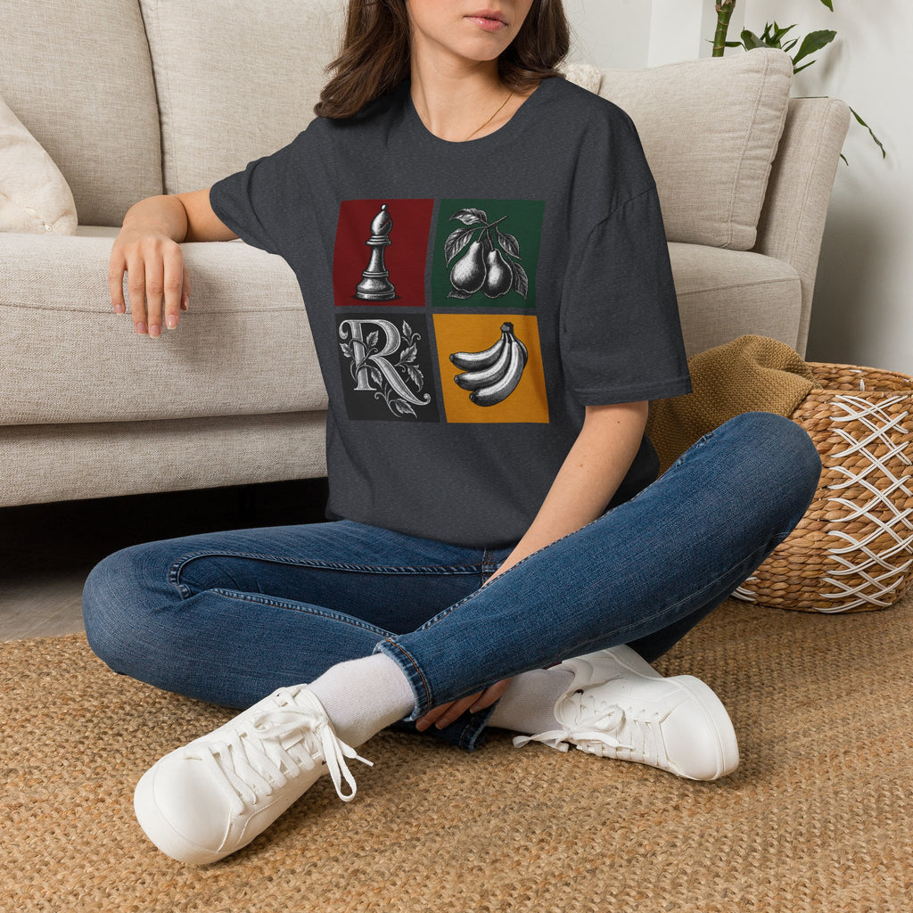 Retro Still Life Patchwork T-Shirt — Chess, Pears & Bananas Art Tee