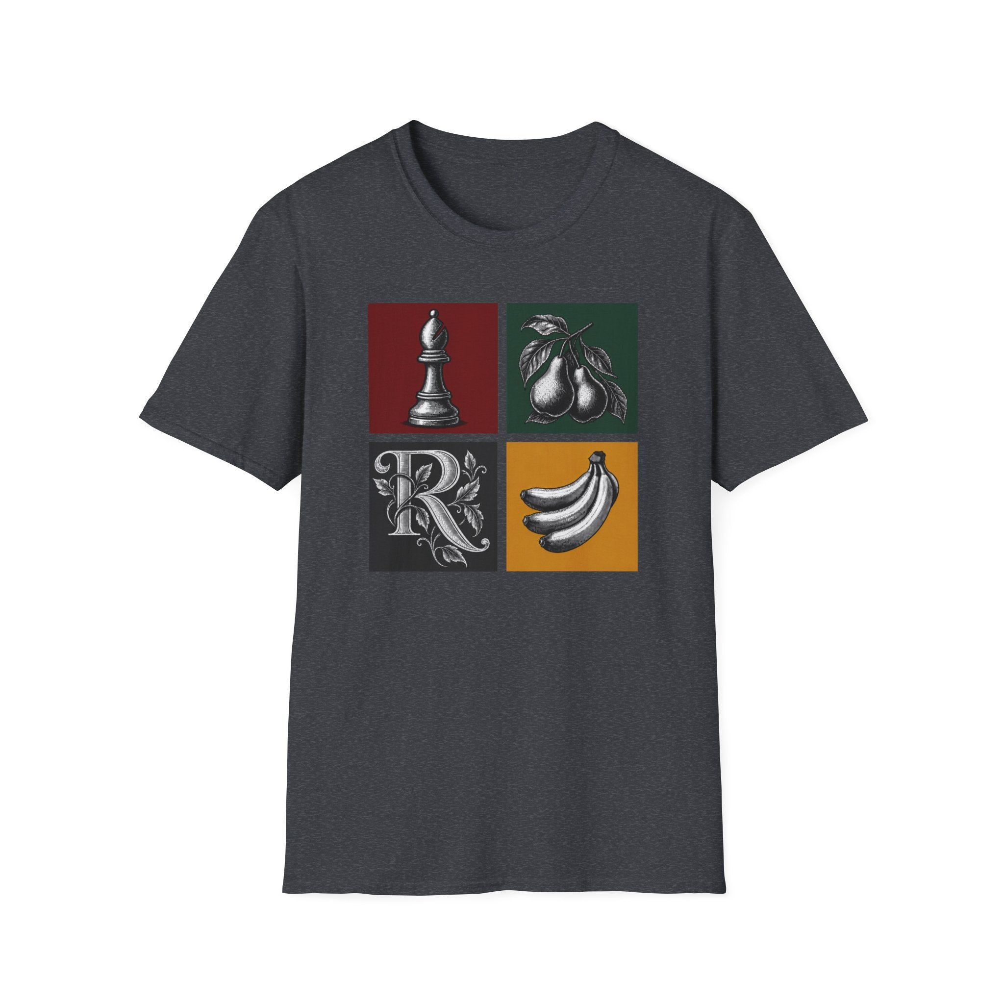 Retro Still Life Patchwork T-Shirt — Chess, Pears & Bananas Art Tee